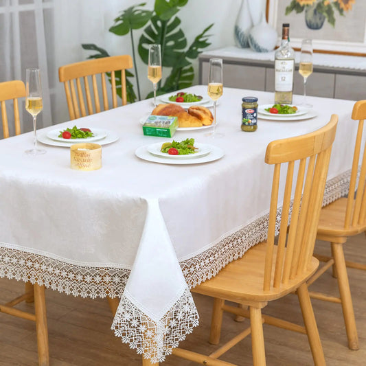 BrekSdat White lace Premium Rectangle Farmhouse Tablecloth Waterproof OilProof SpillProof AntiShrink Soft Wrinkle Resistant Decorative Fabric Table Cover